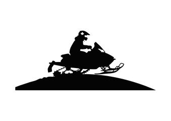 A dynamic black silhouette of a person riding a snowmobile on a snow-covered hill. This vector graphic represents winter sports, adventure, and outdoor recreation