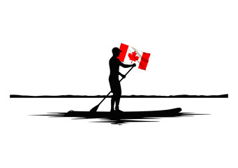 Silhouette of a stand-up paddleboarder proudly displaying a vibrant Canadian flag on calm water, celebrating national spirit and outdoor recreation
