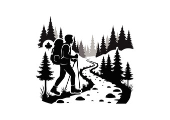 Monochrome silhouette illustration of a dedicated hiker traversing a winding forest trail, capturing the essence of wilderness exploration and the serene beauty of the great outdoors