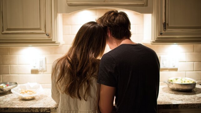 Warm kitchen moment with couple standing close together, sharing quiet sway under soft lights. Cozy atmosphere with intimate body language and relaxed nighttime setting