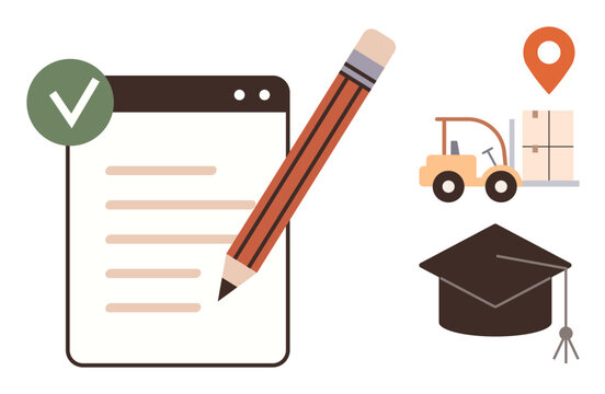 Checklist with pencil, forklift moving boxes, map marker, and graduation cap convey planning, education, certification, logistics, location and approval. Ideal for training learning delivery