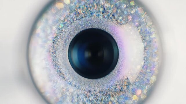Macro image of a dark blue pupil surrounded by a shimmering multicolored iris