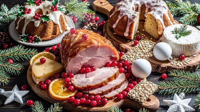 Festive holiday table spread with glazed ham, cakes, cheese, and cranberries ready for celebration gathering and family feast christmas cooking overhead