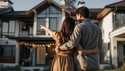 Young couple dreaming of their future home in a stylish neighborhood, envisioning family memories and a life of comfort in their new dream home