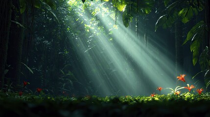 A vibrant image of sunlight piercing through dense jungle foliage, illuminating the forest floor. Red flowers add a pop of color in the mystical scene.