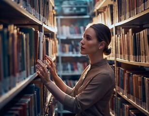 Thoughtful woman seeks knowledge among vintage books in atmospheric library, perfect for education, publishing, or personal growth campaigns