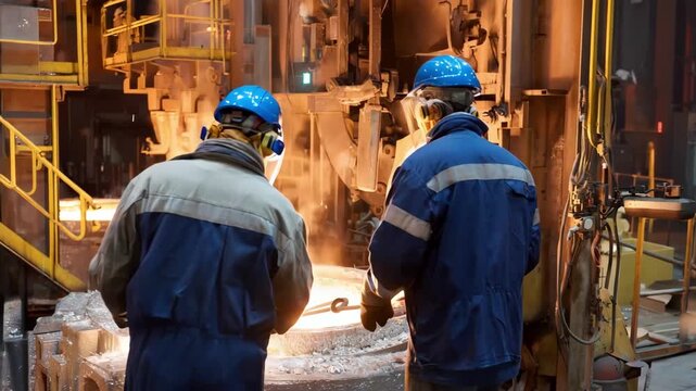 Medium shot of skilled workers monitoring the refining and purification stage of titanium scrap to ensure material quality and composition.