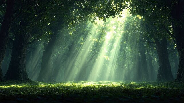 A tranquil forest scene with sunlight streaming through the trees, creating a peaceful and ethereal atmosphere.