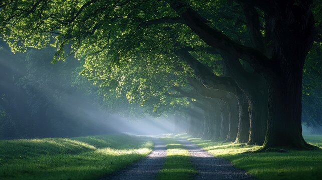 A path winds through a forest lined with large trees, with sunlight streaming through the leaves, creating a peaceful and atmospheric scene.
