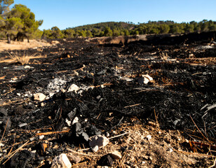Fototapeta premium Charred ground and ash remain after a devastating wildfire, showing environmental impact and climate change consequences on a dry landscape.