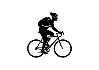 Striking black silhouette illustration of a dedicated cyclist, adorned with a beanie and backpack, embodying the spirit of active travel, outdoor sports, and personal exploration on two wheels