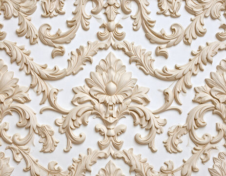Detailed beige classical floral and scroll plasterwork on a white wall. An elegant, ornate background with intricate decorative molding.