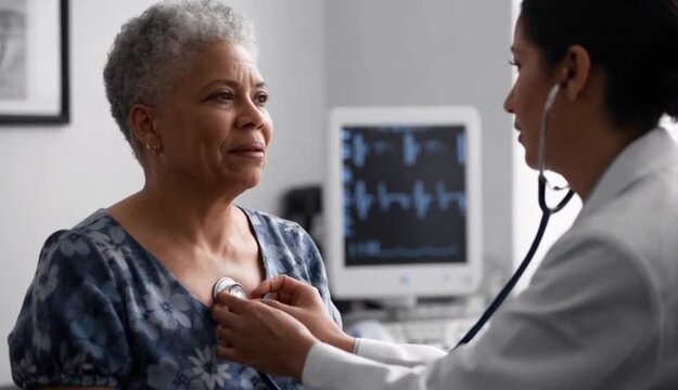 Doctor listens to elderly woman's heart with stethoscope during routine checkup
