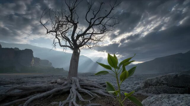Resilience blooms anew as life triumphs against a stark landscape with dramatic skies above