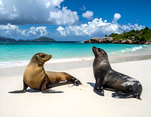 Fototapeta premium Two sea lions rest on a pristine white sand beach with turquoise water and a beautiful blue sky, a vibrant tropical wildlife scene.