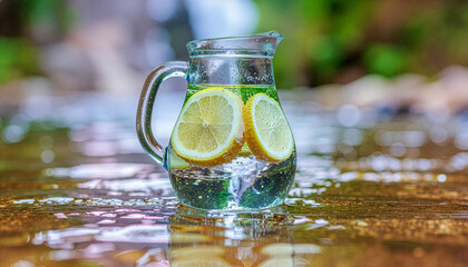 A clear glass pitcher filled with refreshing water infused with vibrant lemon slices