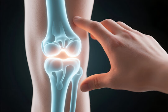 A human hand touching an illuminated knee joint with visible bones, representing pain, injury, arthritis, medical examination, or musculoskeletal health.