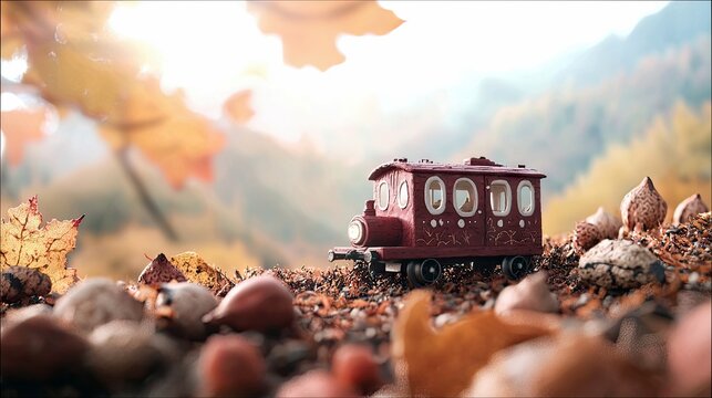A miniature toy train sits on a bed of fallen leaves and nuts in a forest setting, with sunlight filtering through the trees.