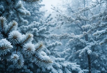 Snow-Covered Pine Branches in Serene Winter Forest with Soft Background Blur