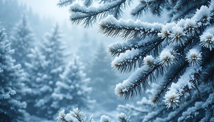 Snow-Covered Pine Branches in Serene Winter Forest with Soft Background Blur