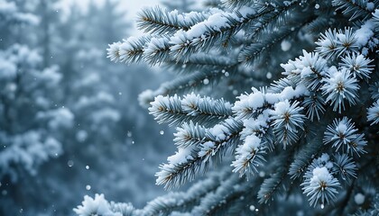 Snow-Covered Pine Branches in Serene Winter Forest with Soft Background Blur
