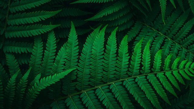 Close up of lush green fern fronds in a dark forest setting - Powered by Adobe