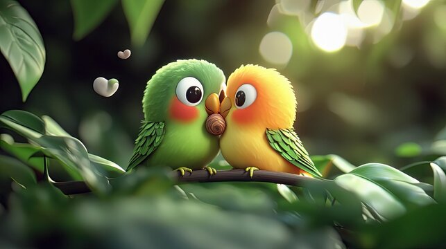 Two adorable cartoon birds are perched on a branch, nestled among lush green leaves. The birds are in a loving embrace, with hearts floating nearby. The scene i