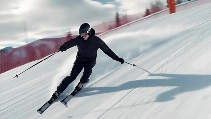 Cinematic footage of skier carving down snowy mountain slope dynamic winter action sport adventure clip on bright day in ski resort - Powered by Adobe