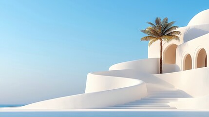 A white building with a staircase and a palm tree against a clear blue sky. The architecture has a minimalist and modern design.
