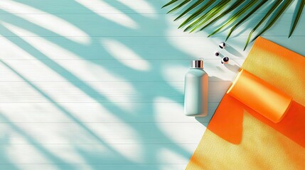 Top view of a sunscreen bottle, yoga mat, and palm leaf on a wooden surface with shadows. The scene evokes a sense of relaxation and summer.