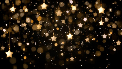 Golden stars and sparkling lights against black background