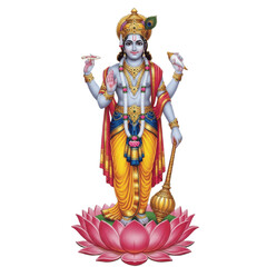 Hindu God Lord Vishnu Standing on Lotus with Mace Conch Chakra and Peacock Crown PNG Oil Paint