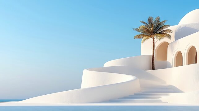 A white building with a staircase and a palm tree against a clear blue sky. The architecture has a minimalist and modern design. - Powered by Adobe
