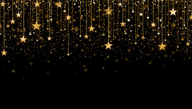 Abstract golden stars and sparkling lights on a black background - Powered by Adobe