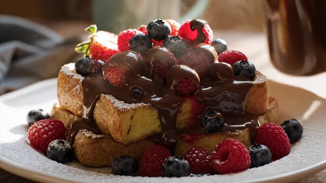 Delicious breakfast stack of french toast topped with berries and chocolate sauce
