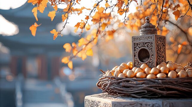 A decorative lantern with a nest of golden eggs, set against a backdrop of autumnal foliage and a blurred traditional building.