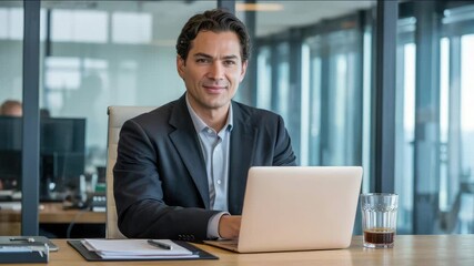 Confident businessman working diligently at modern office desk with laptop and documents, smiling - Powered by Adobe