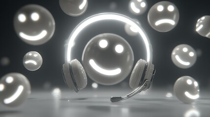 A glowing headset surrounded by floating smiley faces in a dark, atmospheric setting, symbolizing positivity
