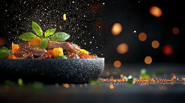 A close-up shot of a gourmet dish in a black bowl, garnished with basil leaves and sprinkles, set against a dark background with bokeh lights.
