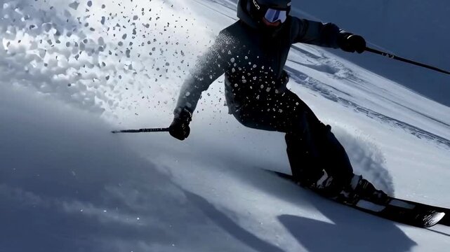Skier carving fresh powder snow on mountain slope dynamic winter sport action footage slow motion skiing extreme downhill nature landscape