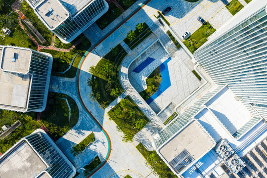 aerial view of modern building rooftops and urban landscape