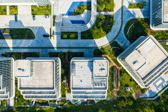 aerial view of modern building rooftops and urban landscape