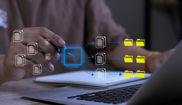 Businessman uses AI for automated document processing on a laptop. Hologram shows a workflow of data sorting from raw files to organized folders via an AI chip.