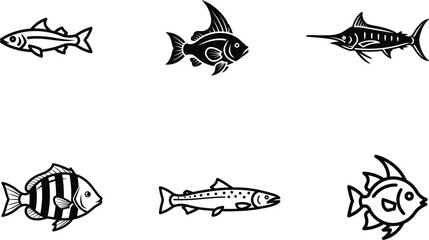Collection of different fish species in minimal black and white vector illustration showcases aquatic diversity and stylized marine life imagery ideal for educational materials and designs