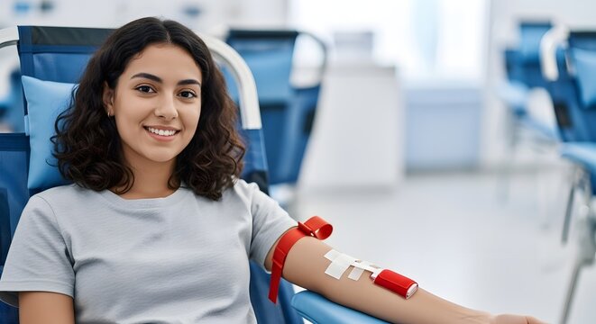 Young woman smiling in a bright medical clinic after blood donation for a health and volunteerism concept, showing care and hope - Powered by Adobe