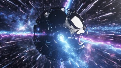 Dynamic 3D animation of a futuristic soccer ball or football with a shattered reflective surface rotating amidst a vibrant abstract cosmic background with streaks of blue and purple light symbolizing. - Powered by Adobe