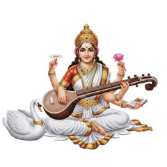 Hindu Goddess Saraswati Seated Playing Veena Musical Instrument with Swan PNG Oil Paint