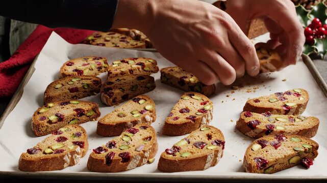 Biscotti baking video showcasing festive cranberry pistachio biscotti being sliced for holiday celebrations and family gatherings christmas cooking overhead