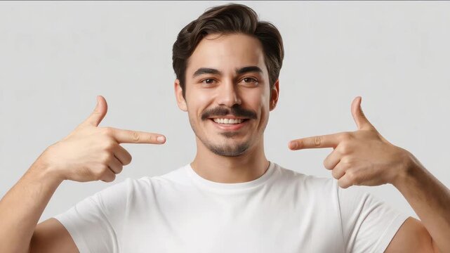 Confident man pointing to perfect smile in bright studio setting promoting dental hygiene and care