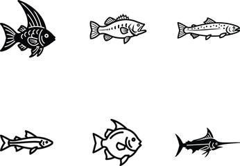 Diverse Fish Species Graphic Collection Featuring Angelfish Bass Trout Anchovy Pomfret and Swordfish in Black and White Line Art Perfect for Marine Biology or Seafood Concepts